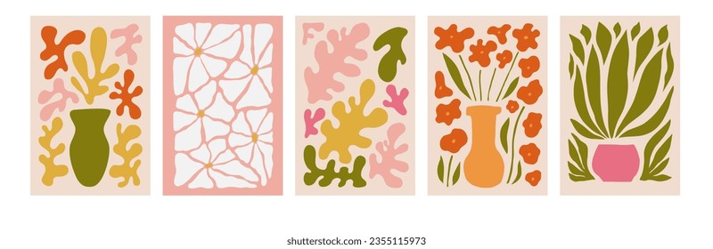 Afiches de flores abstractos. Muros botánicos de moda con plantas de flores silvestres, hojas al estilo hippie. Decoración moderna e ingenua y divertida, cuadros. Ilustraciones coloridas de vectores planos