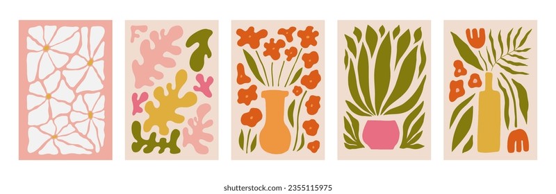Abstract flower posters set. Trendy botanical wall arts with wild floral plants, leaves in hippie style. Modern naive groovy funky interior decorations, paintings. Colorful flat vector illustrations