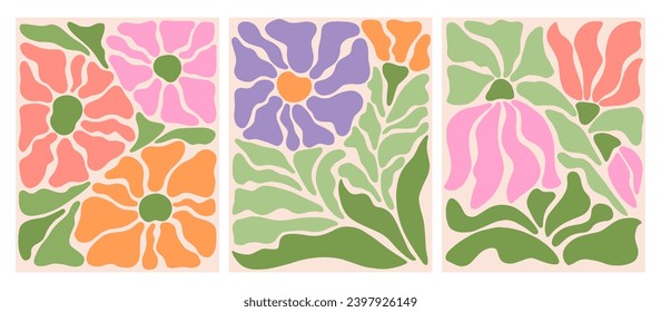 Abstract flower posters set. Trendy botanical wall arts with floral design in danish pastel colors. Matisse-inspired floral paintings. Decorative contemporary botanical elements. Vector naive art