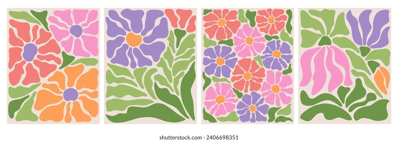 Abstract flower posters set. Trendy botanical wall arts with floral design in danish pastel colors. Matisse-inspired floral paintings. Decorative cont