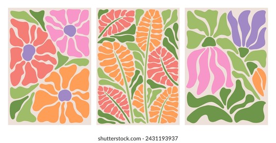 Abstract flower posters set. Trendy botanical wall arts with floral design in danish pastel colors. Matisse-inspired floral paintings. Decorative contemporary botanical elements. Vector naive art