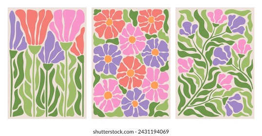 Abstract flower posters set. Trendy botanical wall arts with floral design in danish pastel colors. Matisse-inspired floral paintings. Decorative contemporary botanical elements. Vector naive art