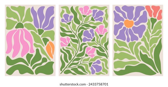 Abstract flower posters set. Trendy botanical wall arts with floral design in danish pastel colors. Matisse-inspired floral paintings. Decorative contemporary botanical elements. Vector naive art