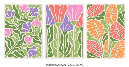 Abstract flower posters set. Trendy botanical wall arts with floral design in danish pastel colors. Matisse-inspired floral paintings. Decorative contemporary botanical elements. Vector naive art