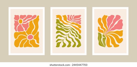 Abstract flower posters set in trendy Matisse style.  Trendy botanical wall art. Naive groovy interior decoration.  Vector illustration