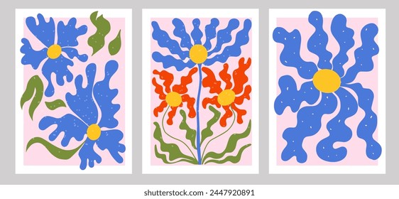 Abstract flower posters set. Trendy botanical wall arts with wild floral plants, leaf in hippie style. Modern naive groovy funky interior decorations, paintings. Colorful flat vector illustrations