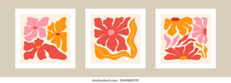 Abstract flower posters set in trendy Matisse style. Trendy botanical wall art. Naive groovy interior decoration. Vector illustration	