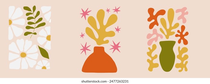 Abstract flower posters set. Trendy botanical wall arts with wild floral plants, leaf in hippie style. Modern naive groovy funky interior decorations, paintings. Colorful flat vector illustrations