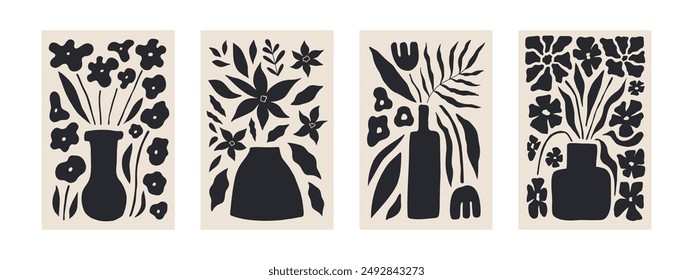 Abstract flower posters set. Trendy botanical wall art with wild floral plants, leaves in hippie style. Modern naive groovy funky interior decorations. Beige and black flat vector illustrations