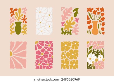 Abstract flower posters set. Trendy botanical wall arts with wild floral plants, leaf in hippie style. Modern naive groovy funky interior decorations, paintings. Colorful flat vector illustrations