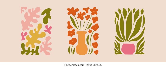 Abstract flower posters set. Trendy botanical wall arts with wild floral plants, leaf in hippie style. Modern naive groovy funky interior decorations, paintings. Colorful flat vector illustrations