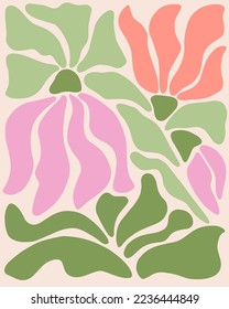 Abstract flower posters. Trendy botanical wall arts with floral design in danish pastel colors. Matisse-inspired floral paintings. Decorative contemporary botanical elements. Vector naive art print