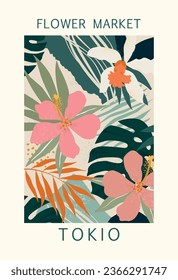 Abstract flower posters. Trendy botanical wall arts with floral design in danish pastel colors. Modern naive groovy funky interior decorations, paintings. Vector art illustration.