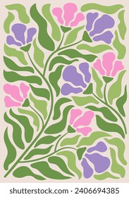 Abstract flower posters. Trendy botanical wall arts with floral design in danish pastel colors. Matisse floral paintings. Vector naive art print