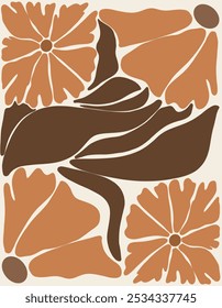 Carteles abstractos de flores. Arte de pared botánico de moda con diseño floral en colores de tonos tierra. Decoraciones interiores funky groovy ingenuo moderno, pinturas. Ilustración de Arte vectorial. diseños florales abstractos