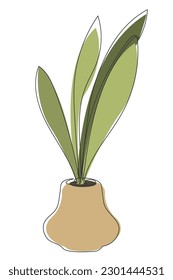 Abstract flower in a pot. A continuous linear botanical pattern. Single line. Modern design. Black outline and colored spots. 