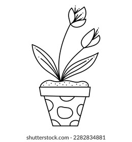 Flor abstracta en una olla. Ilustración en blanco y negro del vector del doodle.