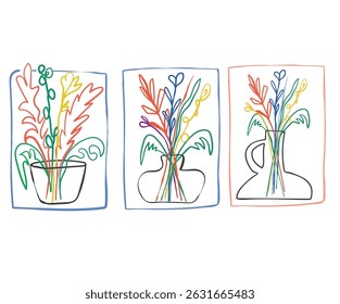 Abstract flower pot set artwork. Flower hand sketch artwork for apparel, sticker, batch, background, poster and others.	