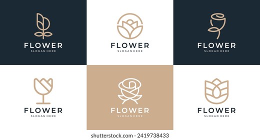 Abstract flower rose logo icon set. Golden beauty floral logo design collection