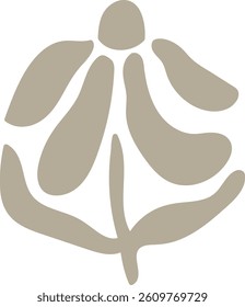 An abstract flower with rounded petals and a simple stem in a minimalist style. The design features soft, flowing lines creating a modern floral motif. Cartoon vector illustration.