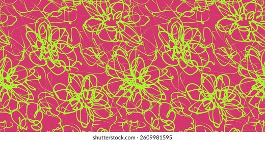 Abstract Flower Scribble Pattern. Chaos Hand Drawn Graffiti. Street Art Seamless Pattern for T-Shirt, Fabric, Wrapping Paper, or Wallpaper.