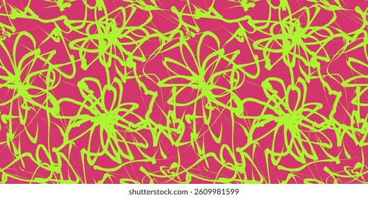 Abstract Flower Scribble Pattern. Chaos Hand Drawn Graffiti. Street Art Seamless Pattern for T-Shirt, Fabric, Wrapping Paper, or Wallpaper.