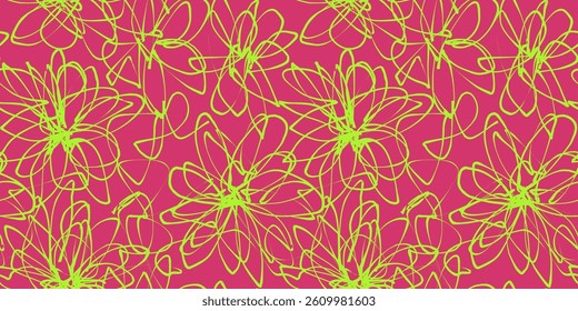 Abstract Flower Scribble Pattern. Chaos Hand Drawn Graffiti. Street Art Seamless Pattern for T-Shirt, Fabric, Wrapping Paper, or Wallpaper.