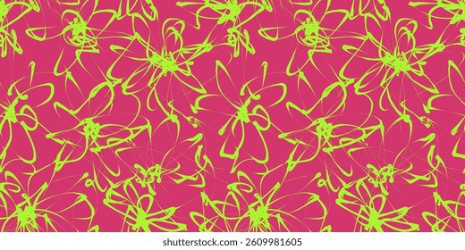 Abstract Flower Scribble Pattern. Chaos Hand Drawn Graffiti. Street Art Seamless Pattern for T-Shirt, Fabric, Wrapping Paper, or Wallpaper.