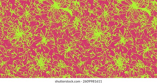 Abstract Flower Scribble Pattern. Chaos Hand Drawn Graffiti. Street Art Seamless Pattern for T-Shirt, Fabric, Wrapping Paper, or Wallpaper.