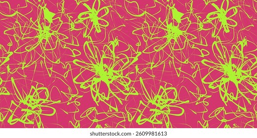Abstract Flower Scribble Pattern. Chaos Hand Drawn Graffiti. Street Art Seamless Pattern for T-Shirt, Fabric, Wrapping Paper, or Wallpaper.