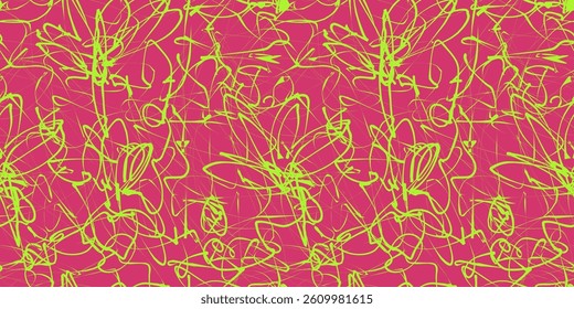 Abstract Flower Scribble Pattern. Chaos Hand Drawn Graffiti. Street Art Seamless Pattern for T-Shirt, Fabric, Wrapping Paper, or Wallpaper.