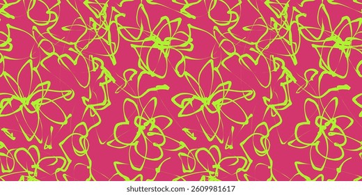 Abstract Flower Scribble Pattern. Chaos Hand Drawn Graffiti. Street Art Seamless Pattern for T-Shirt, Fabric, Wrapping Paper, or Wallpaper.