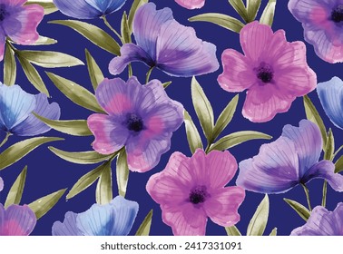 abstract flower seamless background. all over vector design illustration for textile or wrapping paper print.  Printing with in hand drawn style on dark purple background.