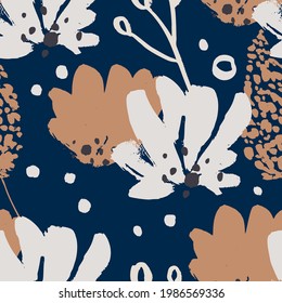 Abstract flower seamless floral pattern. Ink brush vector textured hand drawn background.