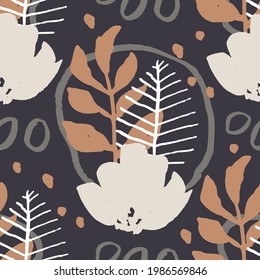 Abstract flower seamless floral pattern. Ink brush vector textured hand drawn background.