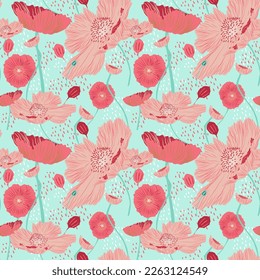 Abstract flower seamless pattern blooming on green background. Repeating floral vector design for wallpaper, print and card.