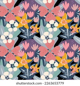 Abstract flower seamless pattern blooming on black background. Repeating floral vector design for wallpaper, print and card.