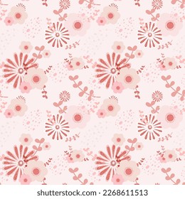 Abstract flower seamless pattern blooming on pink background. Repeating floral vector design for wallpaper, print and card.