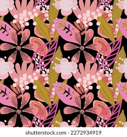 Resumen de un patrón de flor sin costura que florece sobre fondo negro. Diseño de vectores florales repetitivos para papel de pared, impresión y tarjeta.