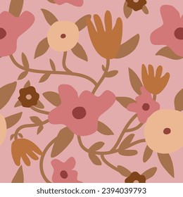  Resumen de un patrón sin costuras florido floreciendo sobre fondo rosado. Diseño de vectores florales repetitivos para papel de pared, impresión y tarjeta.