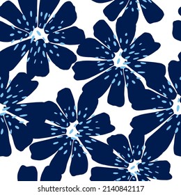 Abstract flower seamless pattern. Blue chamomile background. Repeated nature design texture for printing, fabric, wrapping paper, fashion, interior, wallpaper, tissue. Vector illustration.