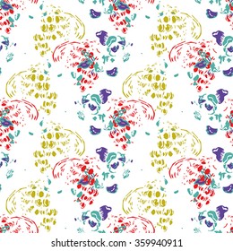 Abstract flower seamless pattern with blue, lilac, yellow and pink elements on white background