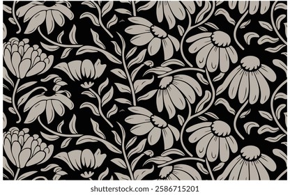 Abstract Flower Seamless Pattern with Brush Strokes