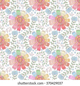 Abstract flower seamless pattern. Cute floral colorful background. Sweet doodle flowers and leafs