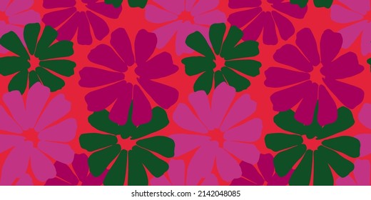 Patrón abstracto de flor sin soldadura. Chamomile decorativo sobre fondo rojo. Textura de diseño de naturaleza repetida para impresión, tela, papel de envoltura, moda, interior, papel pintado, tejido. Ilustración del vector