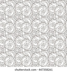 Abstract flower seamless pattern with dots and swirls. Monochrome print.