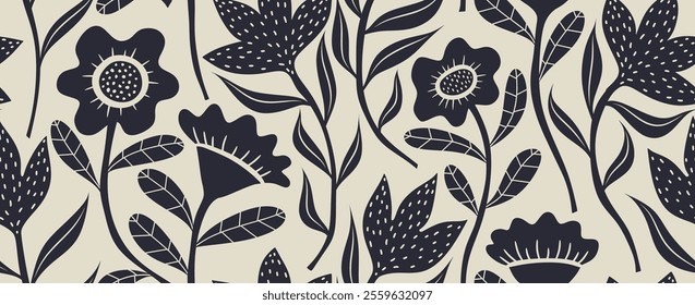 Abstract flower seamless pattern with dotted style. flower and leaves background.