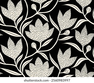 Abstract flower seamless pattern with dotted style. black flower and leaves background.