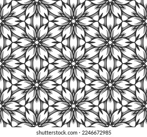 Abstrakte Blumen nahtloses Muster. Blumengeometrische sechseckige Ornamente. Schwarz-weißer unbegrenzter Hintergrund. Endlos stylisches, modernes grafisches Wiederholmuster. Mosaik-Mosaik aus monochromen Gittern