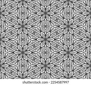 Abstract flower seamless pattern. Floral geometric hexagonal ornament. Black and white limitless background. Endless stylish graphic modern repeat pattern. Fashion monochrome lattice mosaic